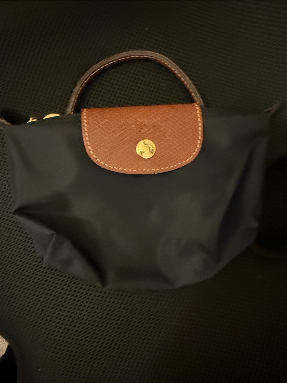 Longchamp Black Nylon Mini Top-Handle Bag with Brown Leather Flap